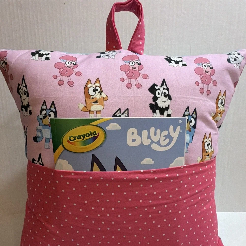 Bluey Kids reading Pillow w/Pocket and Handle Pink Polka Dot 18 in x 18 in